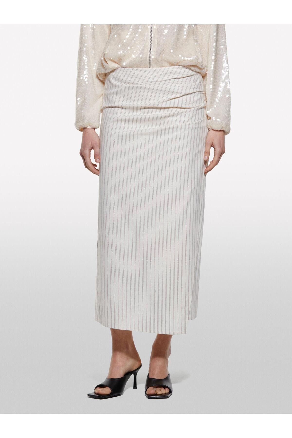 Sisley Keten Karışımlı Yandan Fermuarlı Slim Fit Midi Etek Kadın Siyah Etek - 325P45ICL002P