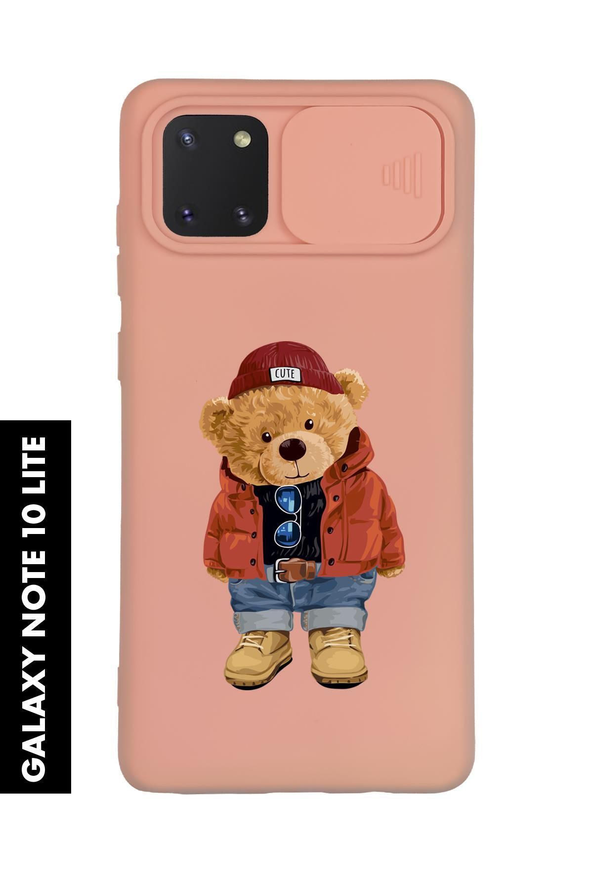 mooodcase Samsung Note 10 Lite Uyumlu Teddy Bear Desenli Slider Kamera Korumalı Telefon Kılıfı