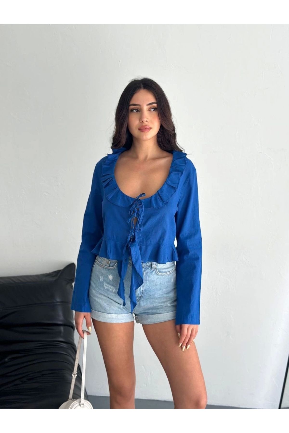 MODA Keten Uzun Kol Bağacık Detaylı Bluz - Lacivert
