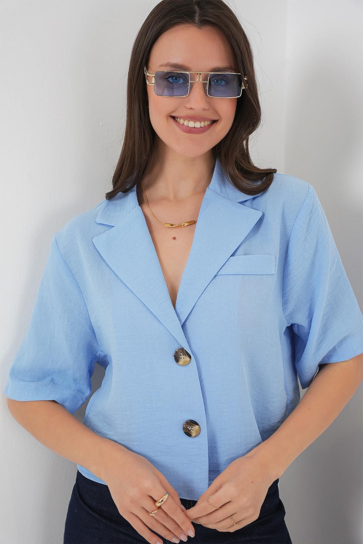 MODAMAİSA Crop Keten Ceket - Mavi