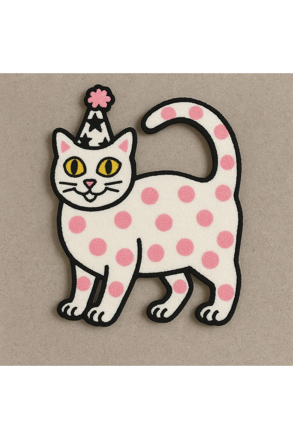 Afro Dekorasyon Pembe yıldız şapkalı tasarım kedi halı