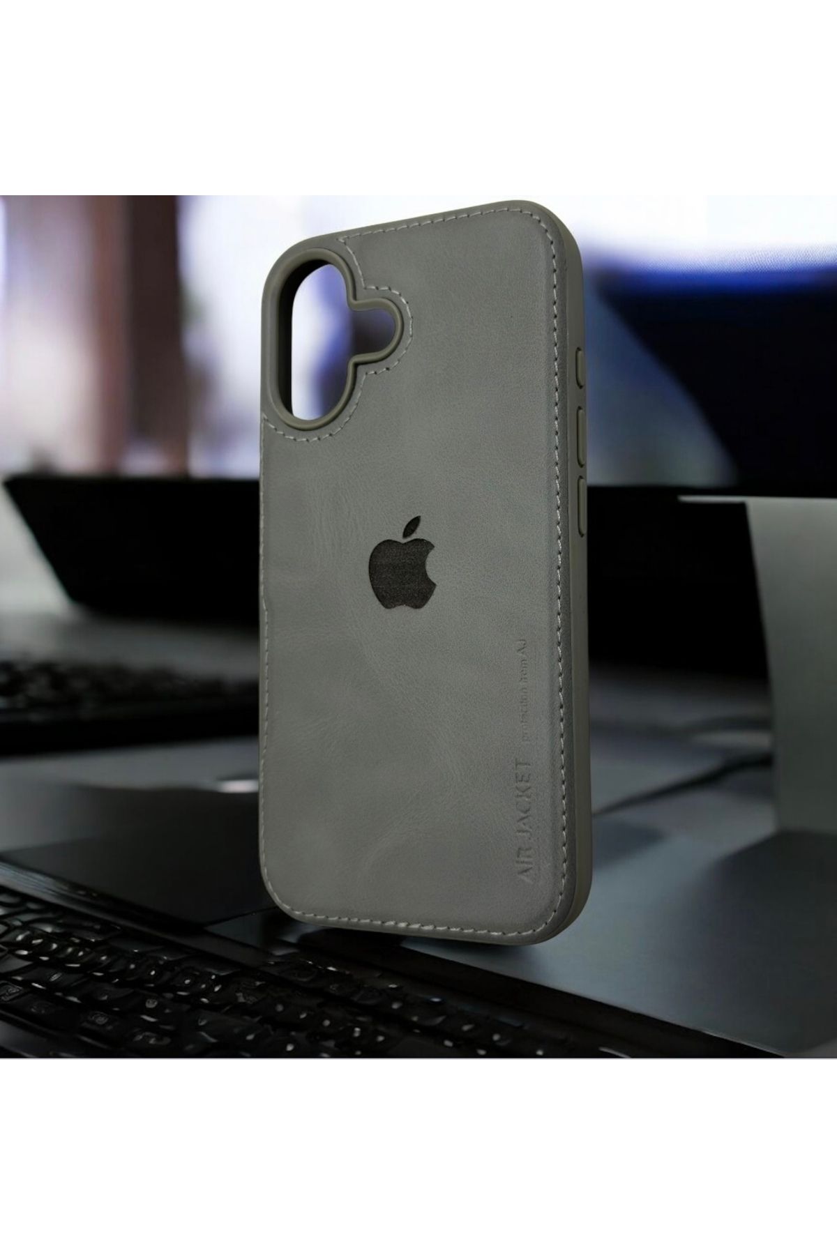 shop İPhone 16 Uyumlu Gri Logolu Deri Telefon Kılıfı