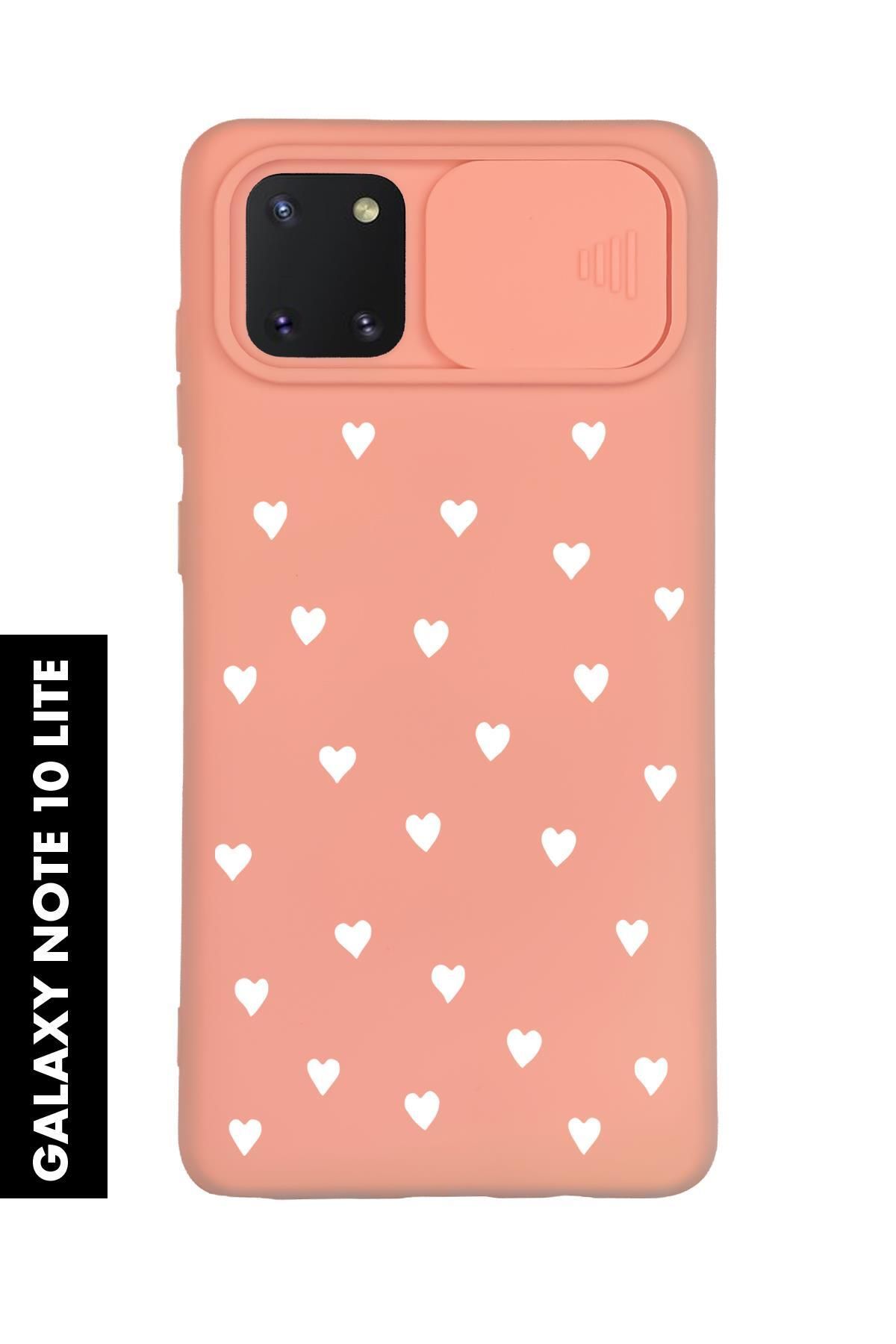 mooodcase Samsung Note 10 Lite Uyumlu Beyaz Kalpler Desenli Slider Kamera Korumalı Telefon Kılıfı