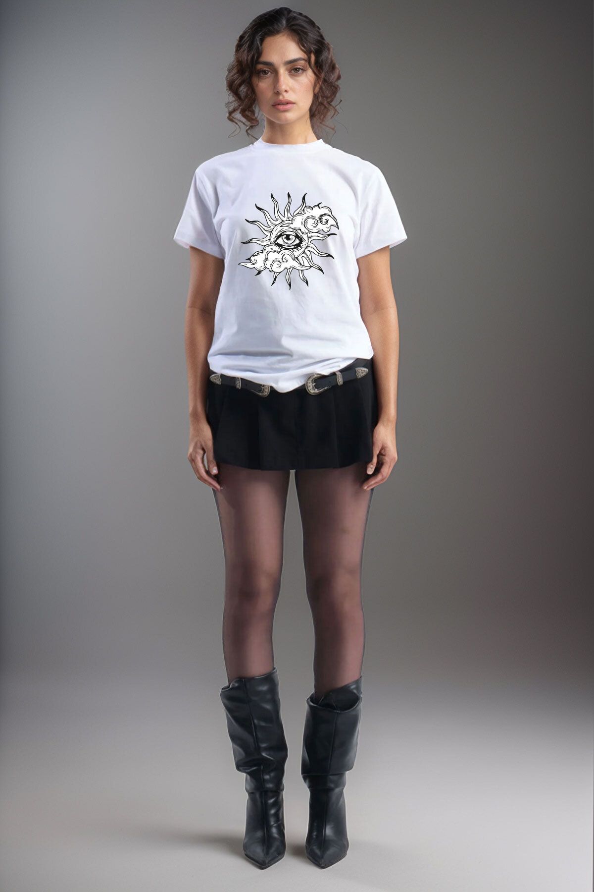 onsrawear Göz ve Güneş Temalı %100 Pamuk Basic Bisiklet Yaka T-shirt