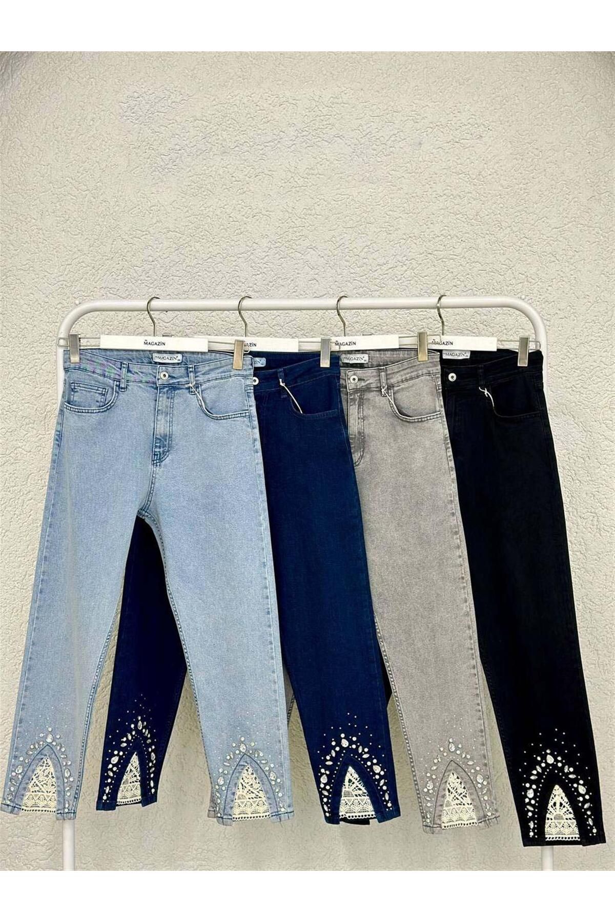 MODA 2784 Paçası Taşlı Dantelli Kot Pantolon