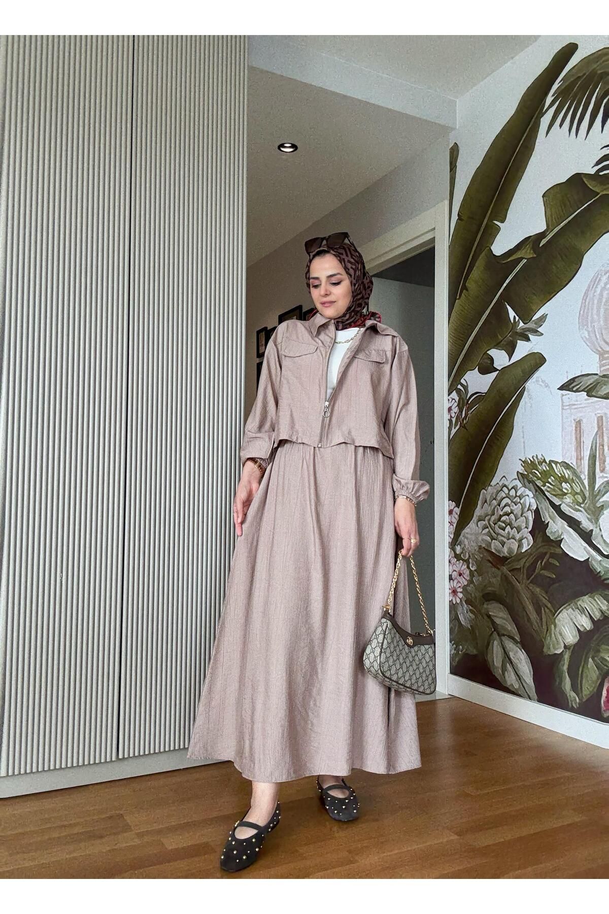 Aselim Hijap Moda Çilek Keten Fermuarlı Kadın Etekli Yazlık İkili Takım -Kahve
