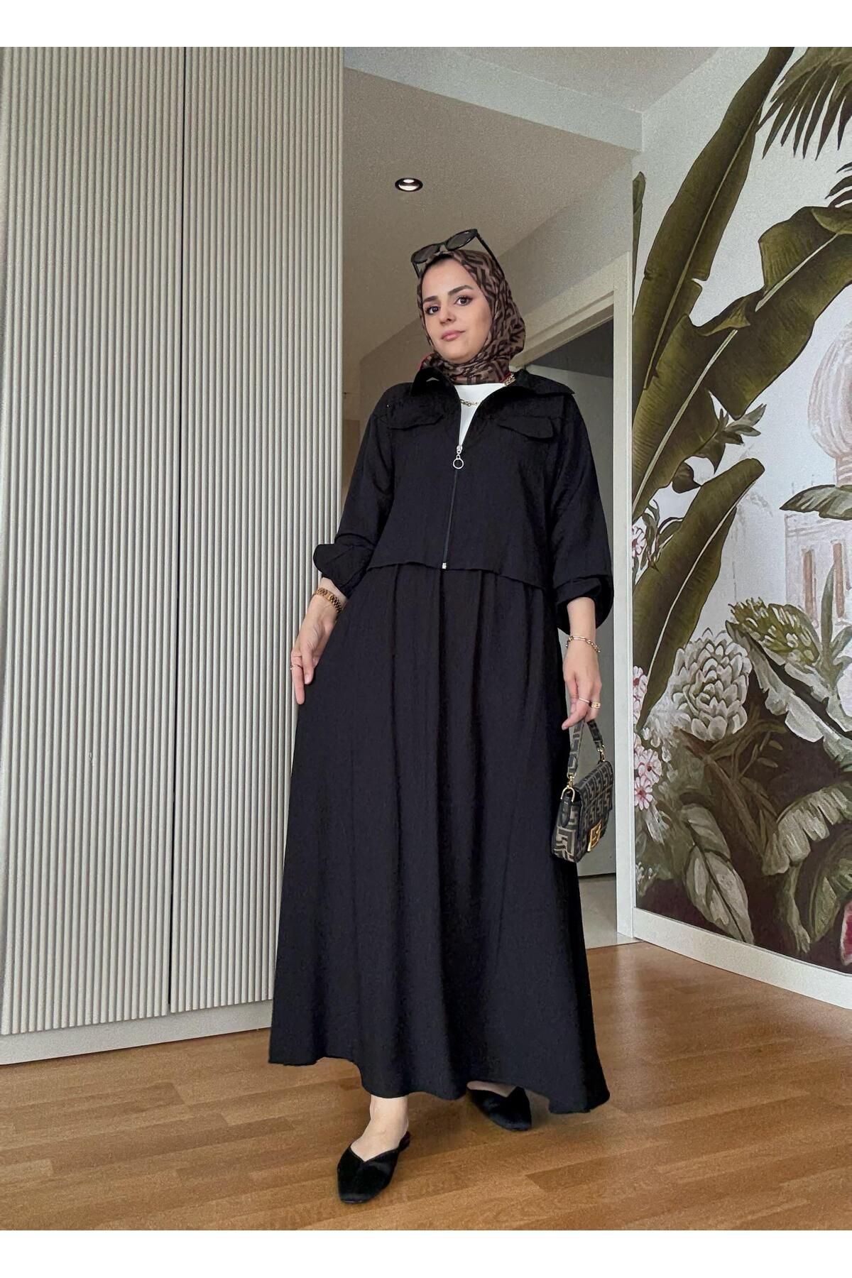 Aselim Hijap Moda Çilek Keten Fermuarlı Kadın Etekli Yazlık İkili Takım - Siyah