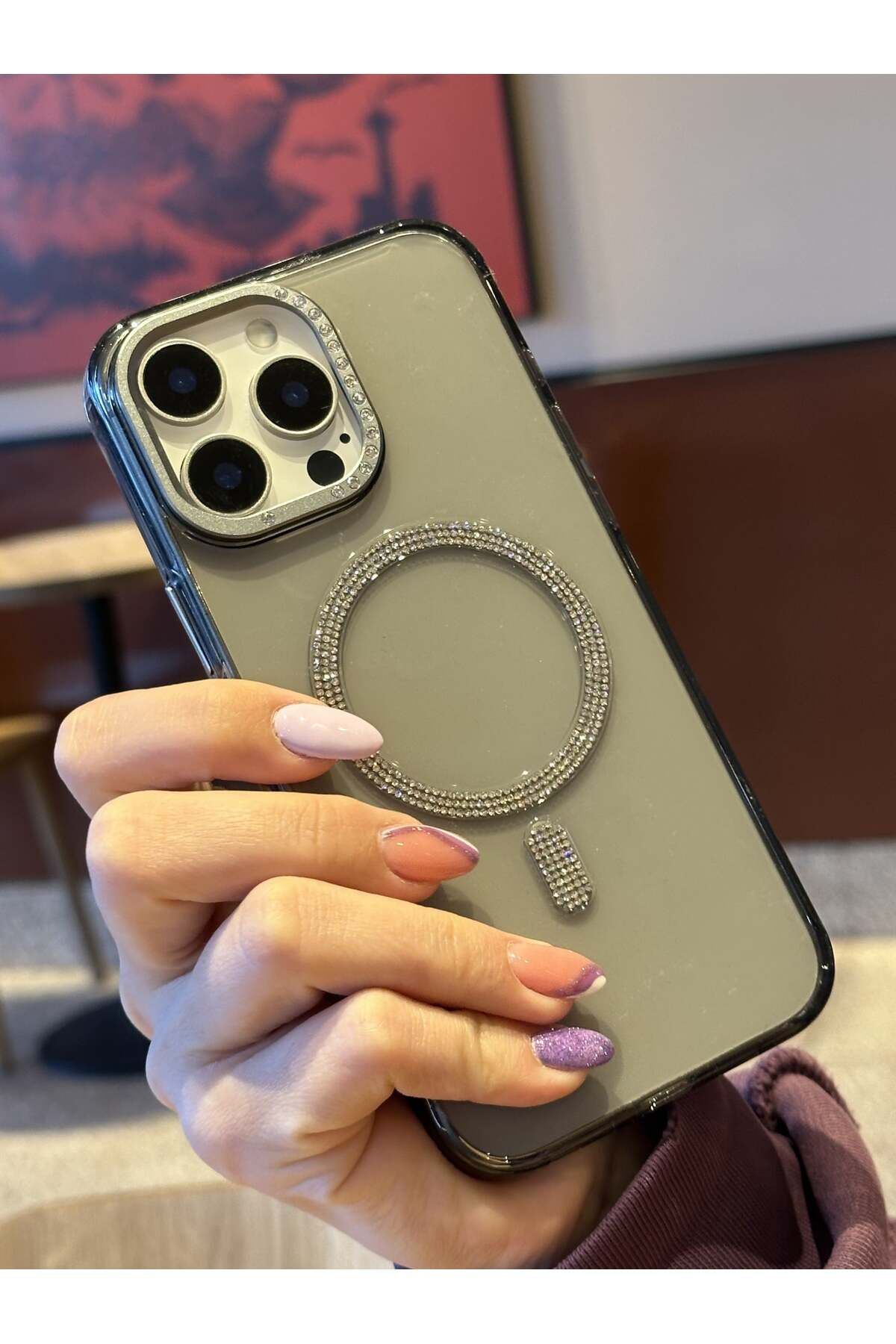 Paladyum Case iPhone 15 Pro Uyumlu Sararmaz Sert Mika MagSafe Pırlanta Taşlı Şeffaf Siyah Kılıf