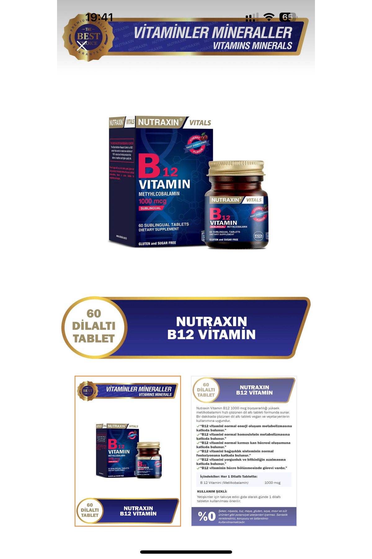 Nutraxin B12 Vitamini 1000 Mcg 60 Tablet