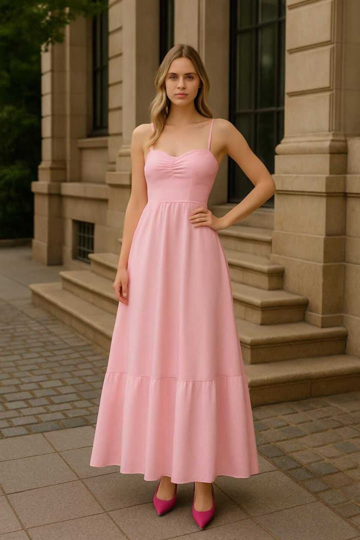 MODA Luneanco Melinda Ip Askılı Pembe Elbise