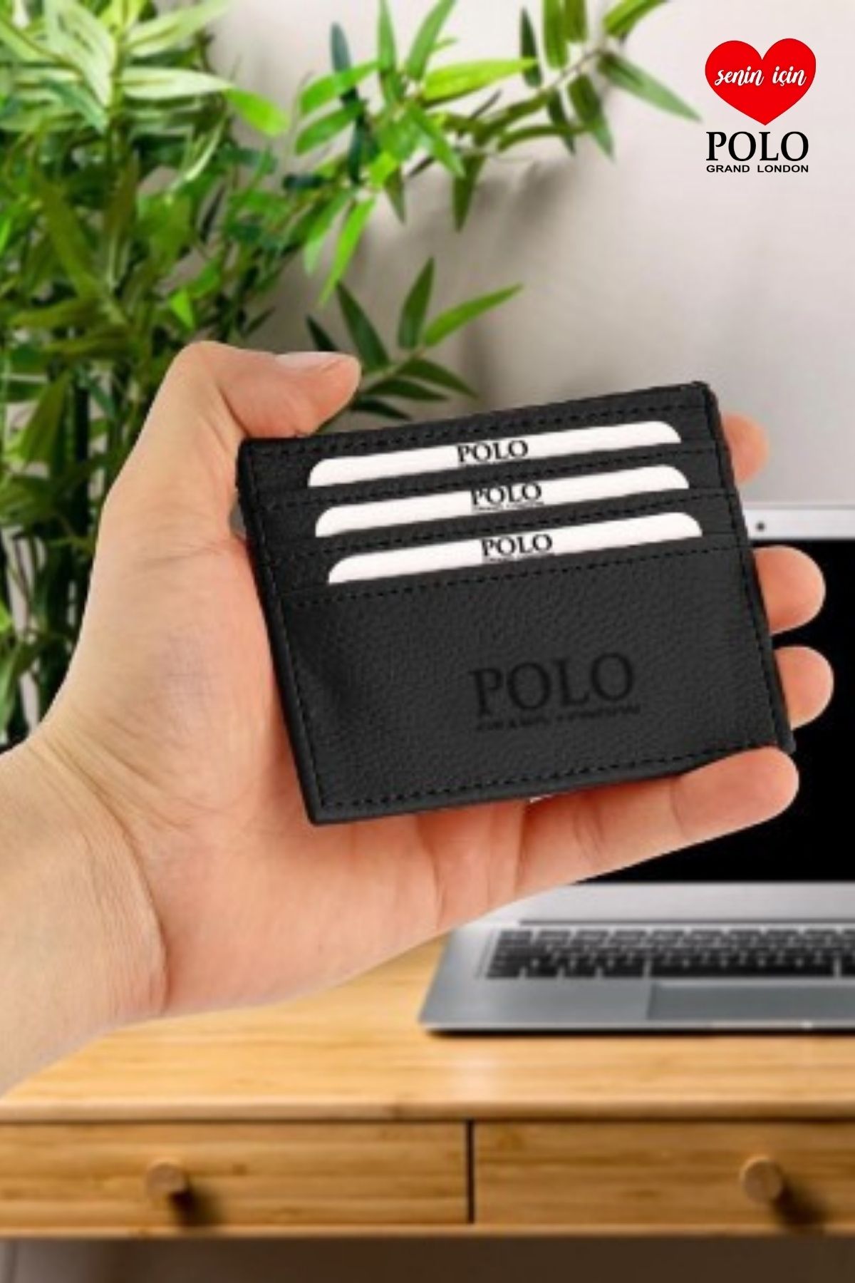 POLOGRAND London Orijinal Kutulu Unisex Süper Slim Deri İnce Model Kredi Kartı & Kartvizitlik Suni Deri Kartlık Siyah
