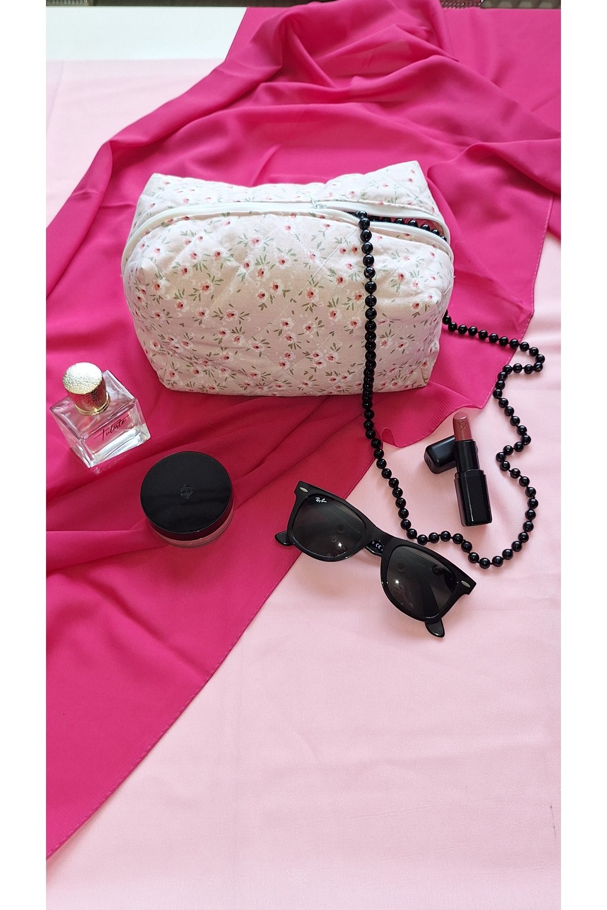 MANSCOLLECTION Pembe Çiçek Desenli Makyaj Çantası