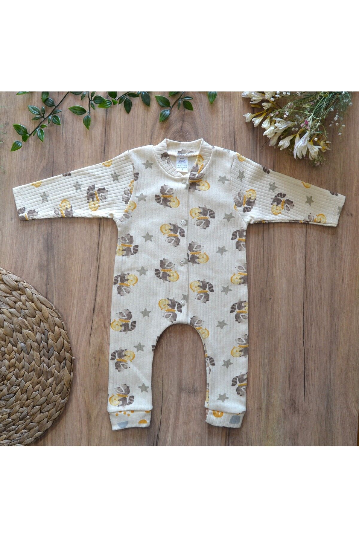 Mini Mood 🧸 Mini Mood Rakun Desenli Unisex Bebek Tulum – Uzun Kollu %100 Pamuk