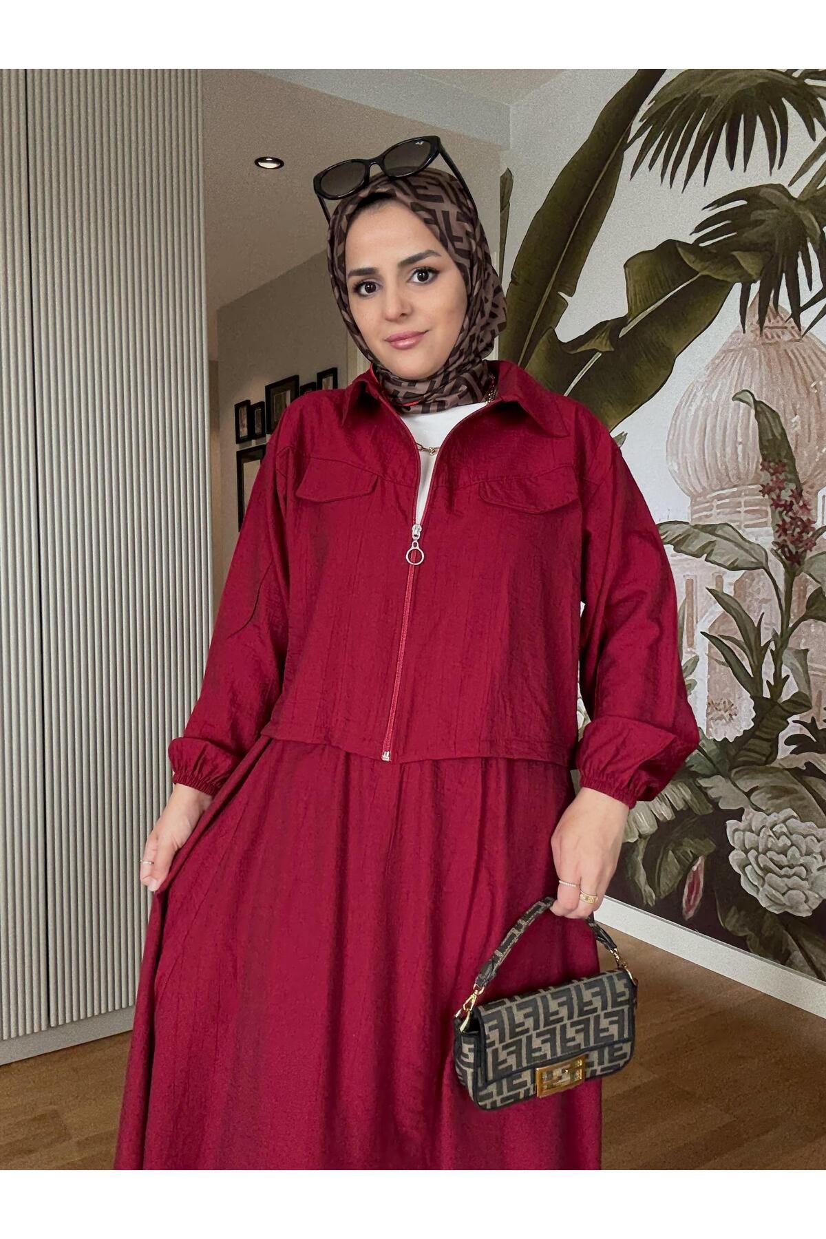 Aselim Hijap Moda Çilek Keten Fermuarlı Kadın Etekli Yazlık İkili Takım - Bordo