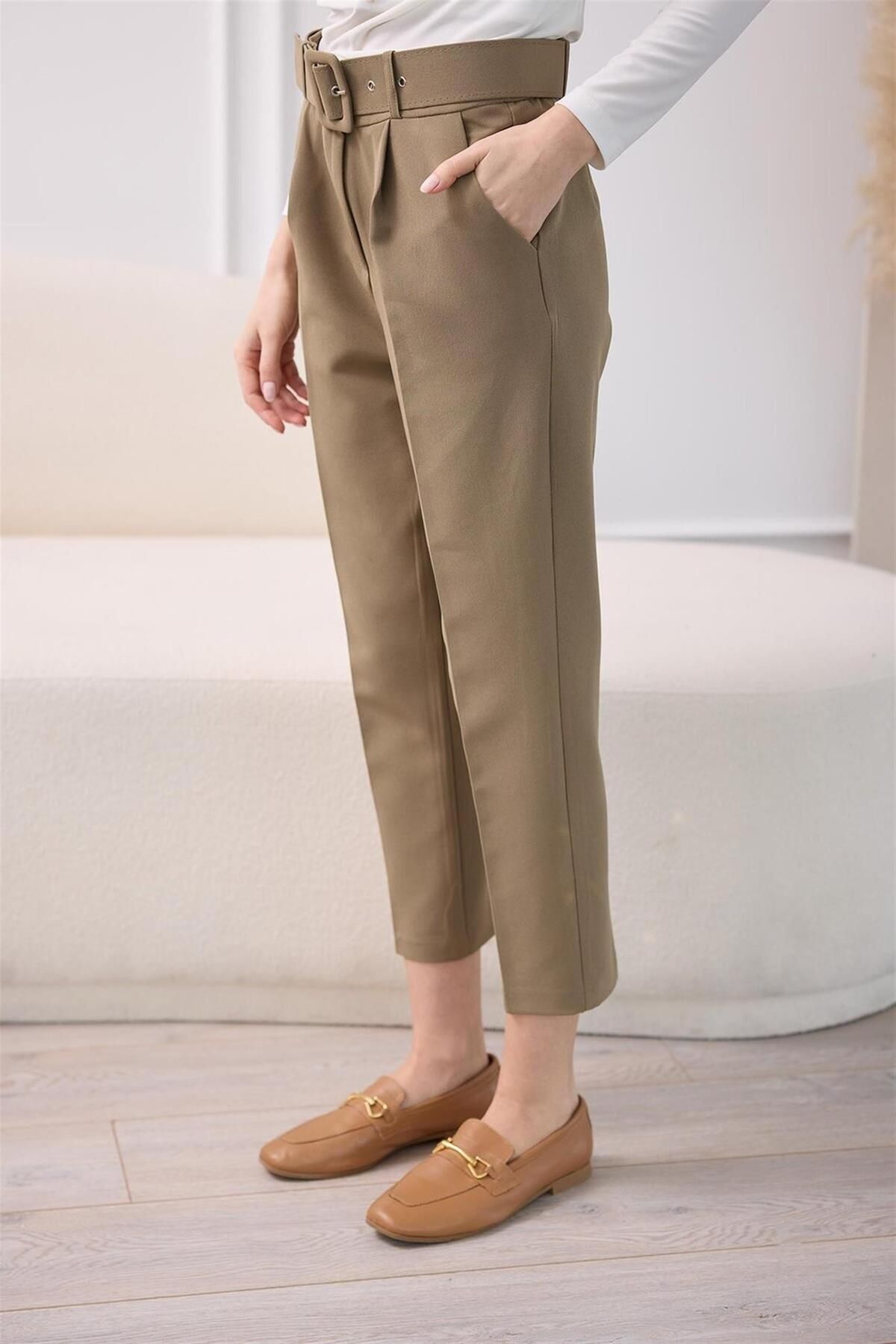 MODA 001 Kare Kemerli Dar Paça Pantolon