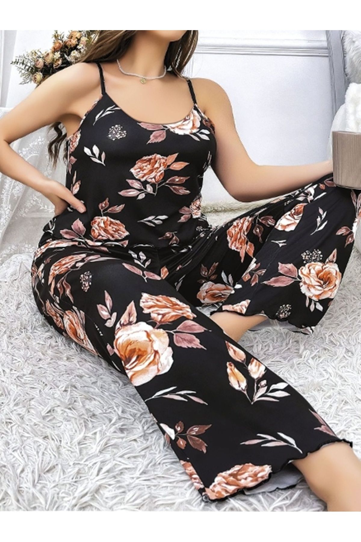 AŞK FANTAZİ Siyah Çiçek Desenli Pantolon Pijama Takımı Büyük Beden