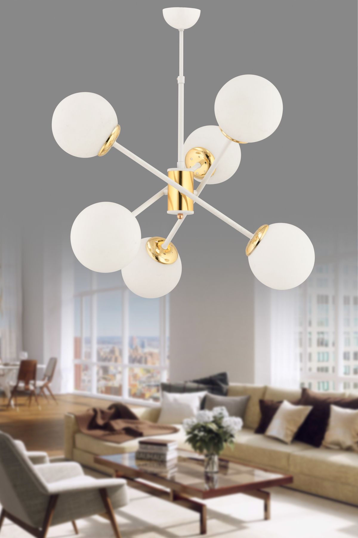 avimonaydınlatma TWİSTER 6'LI BEYAZ - ALTIN RENTE BEYAZ GLOB CAMLI MODERN SARKIT AVİZE OTURMA ODASI SALON ANTRE