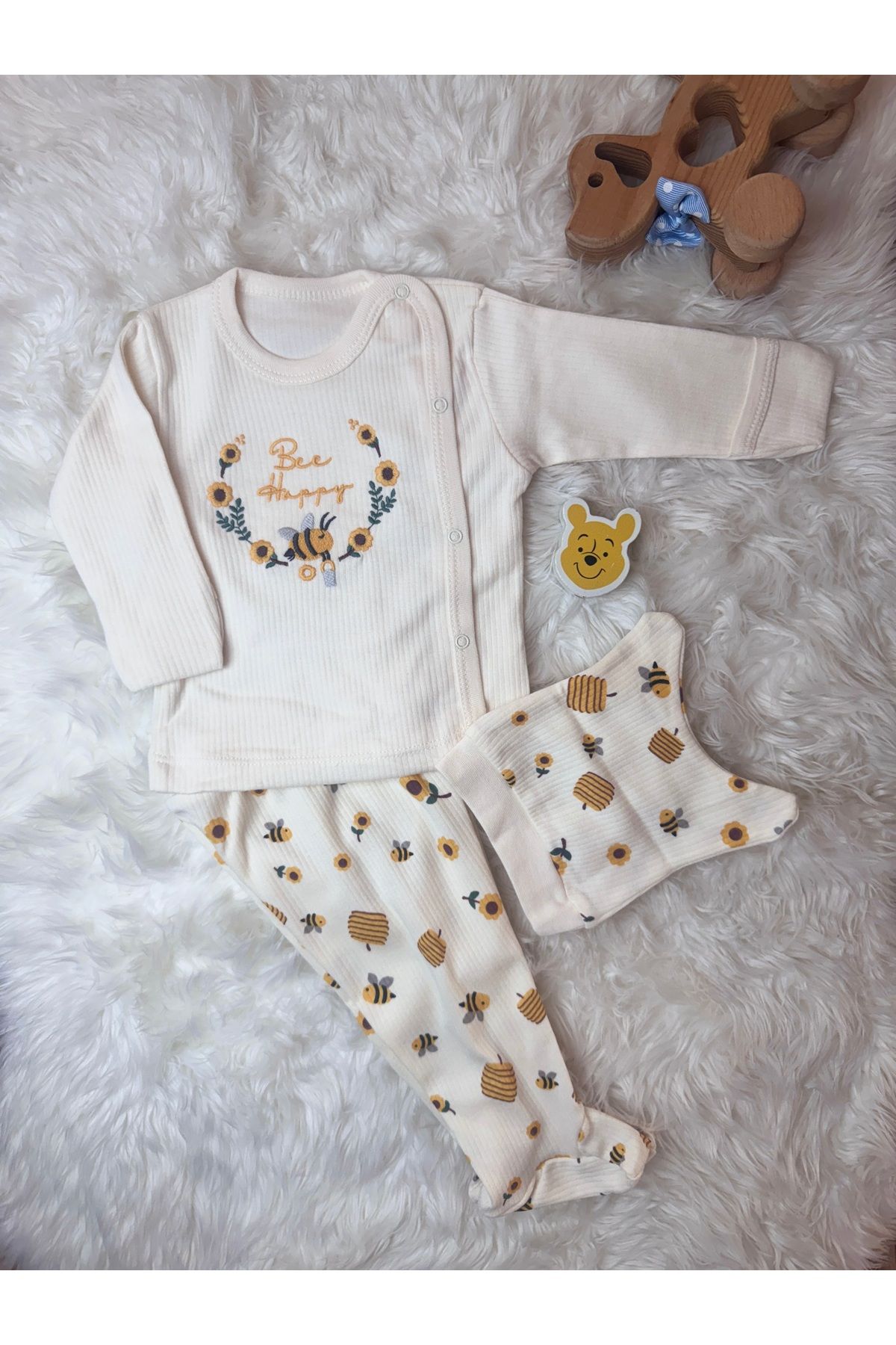 Babycan 🧸 3’lü Yenidoğan Bebek Takımı – Bee Happy / Arı Temalı / Krem / %100 Pamuk