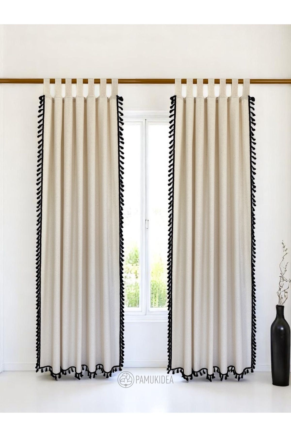 pamukidea-Biritli Black Pompom - Tasseled 100% Cotton Buldan Linen Rustic Curtain - Single Wing - (En X Size) 3