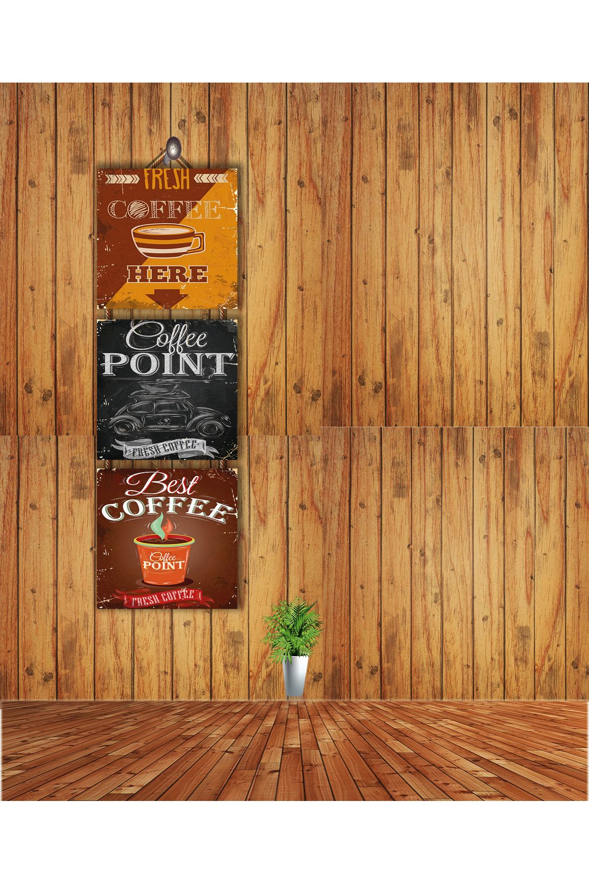 TAKIFİX Here Coffe Temalı 20 x 60 Üçlü Parça İpli CM MDF Duvar Tablosu .. 01