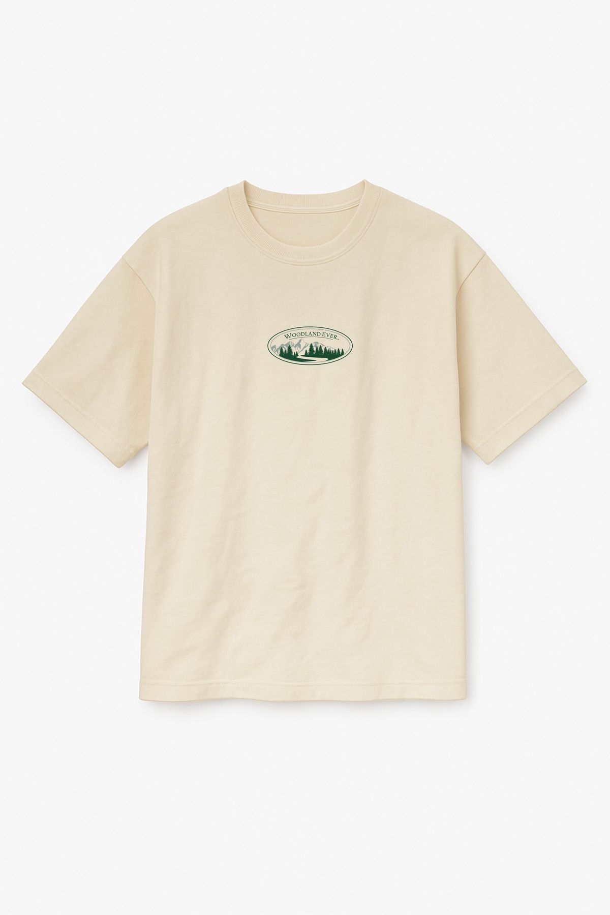 Altair Tr Bej Renk Oversize Wooland Ever Dağ Orman Manzarası Baskılı Unisex Tişört T-Shirt