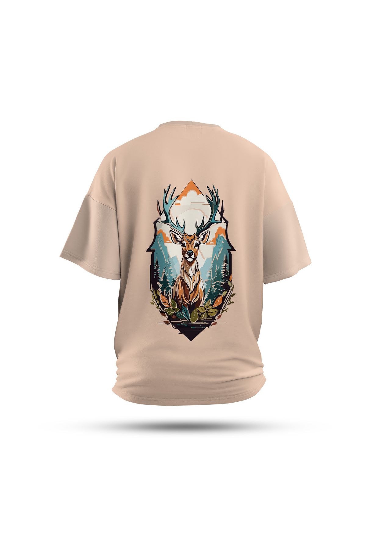 Zestia Unisex T-Shirt, Geyik Sırt Baskılı, Regular, %100 Pamuk, Krem T-Shirt No: 0025
