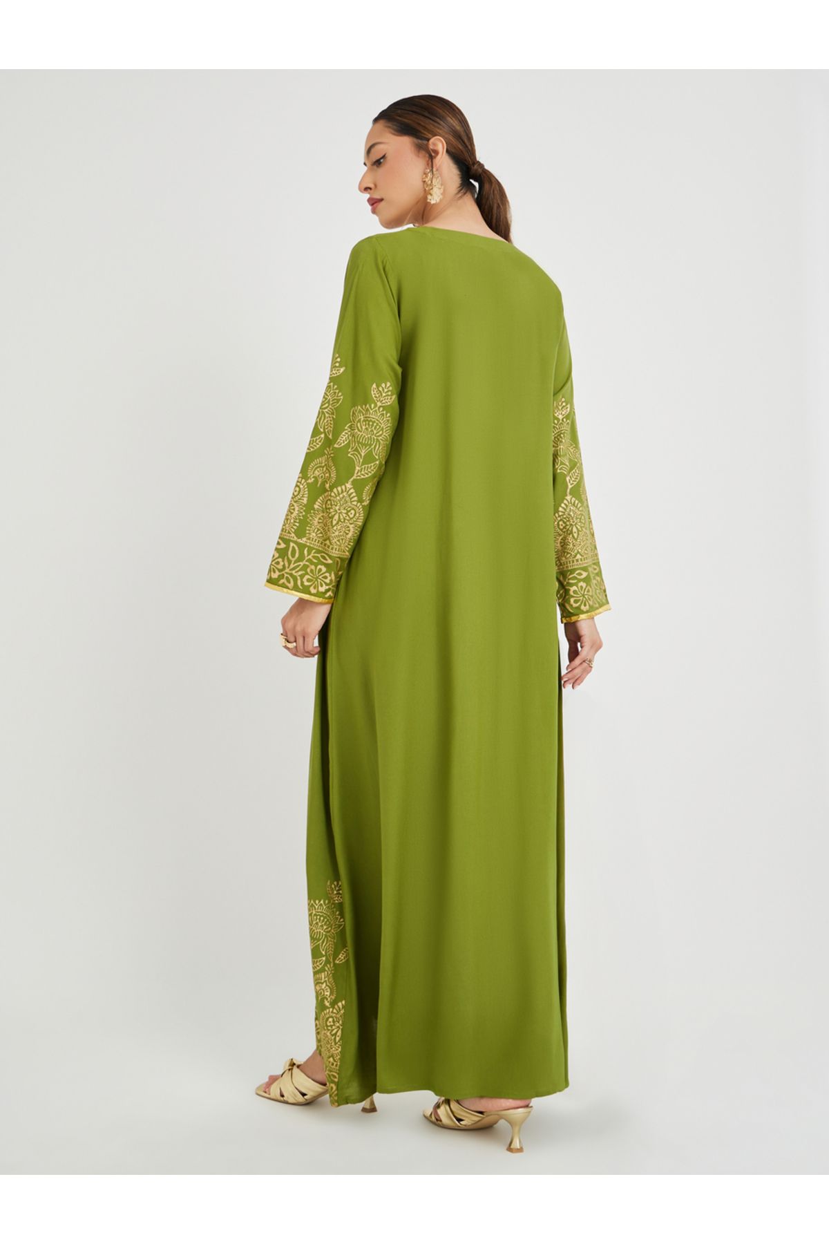 Maxim Creation By Styli-Foil Block Print Round Neck Jalabiya with Button Detail 4