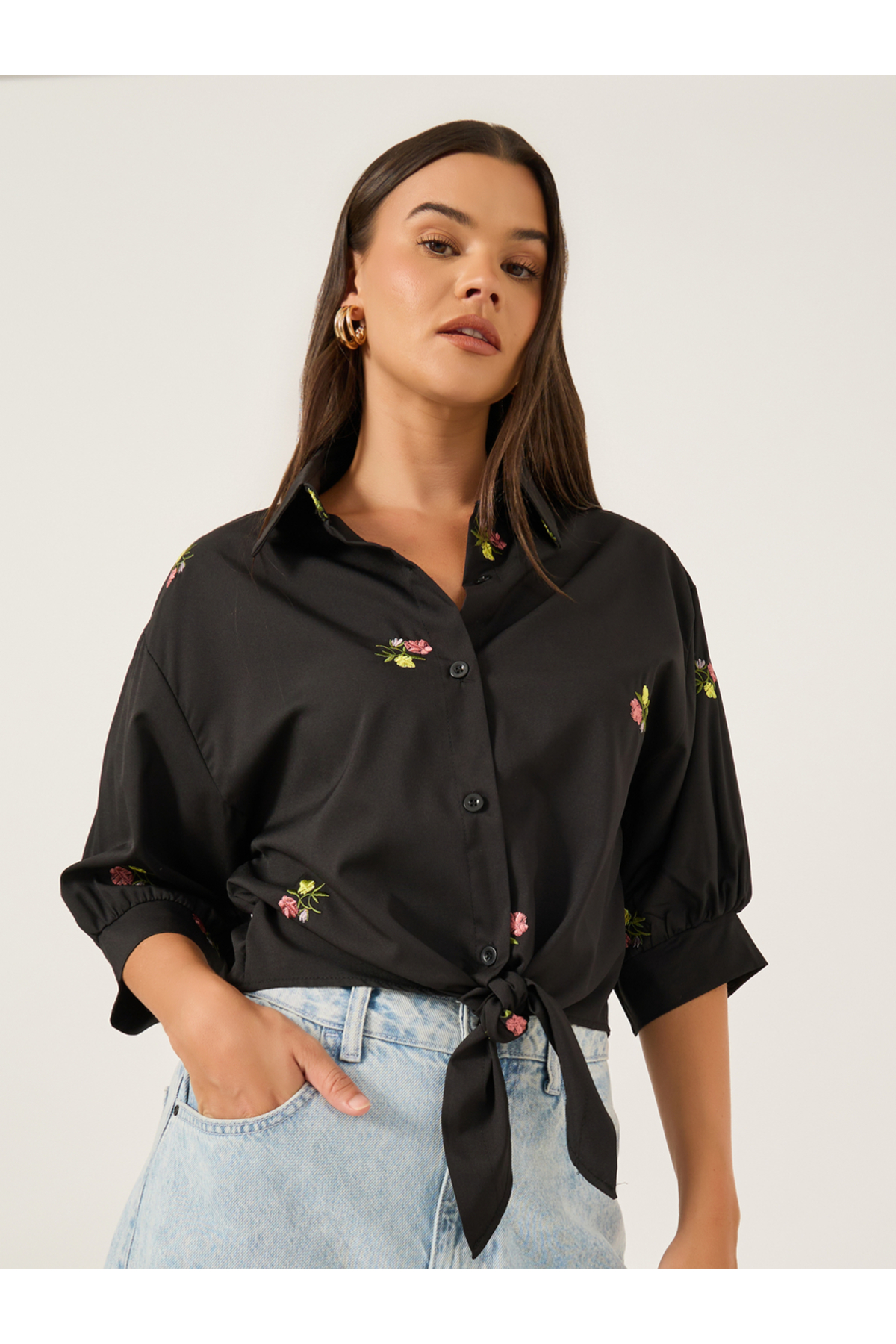 Styli Floral Embroidered 3/4 Sleeve Tie Front Regular Fit Shirt