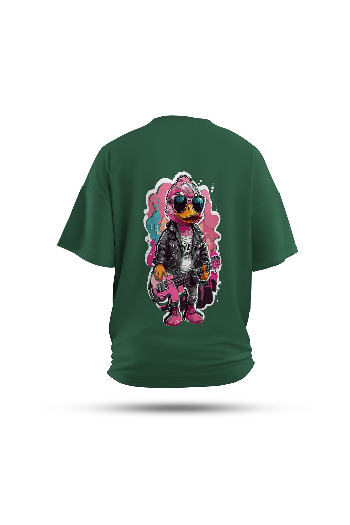 Zestia Unisex T-Shirt, Gitarist Ördek Sırt Baskılı, Regular, %100 Pamuk, Yeşil T-Shirt No: 0044