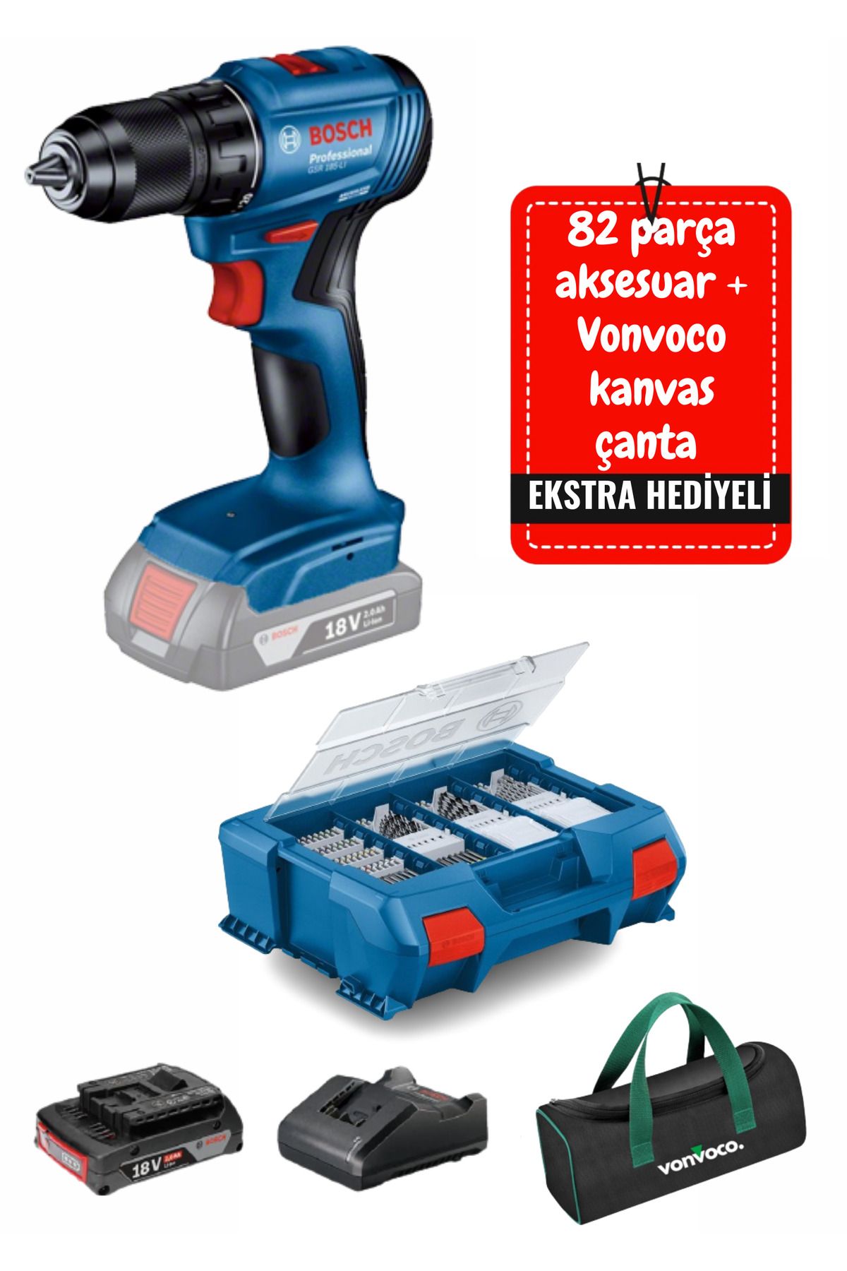 Bosch Çift Akülü Kömürsüz Matkap Vidalama Gsb 185 Li Profesyonel Darbeli Şarjlı Matkap Uç Setli