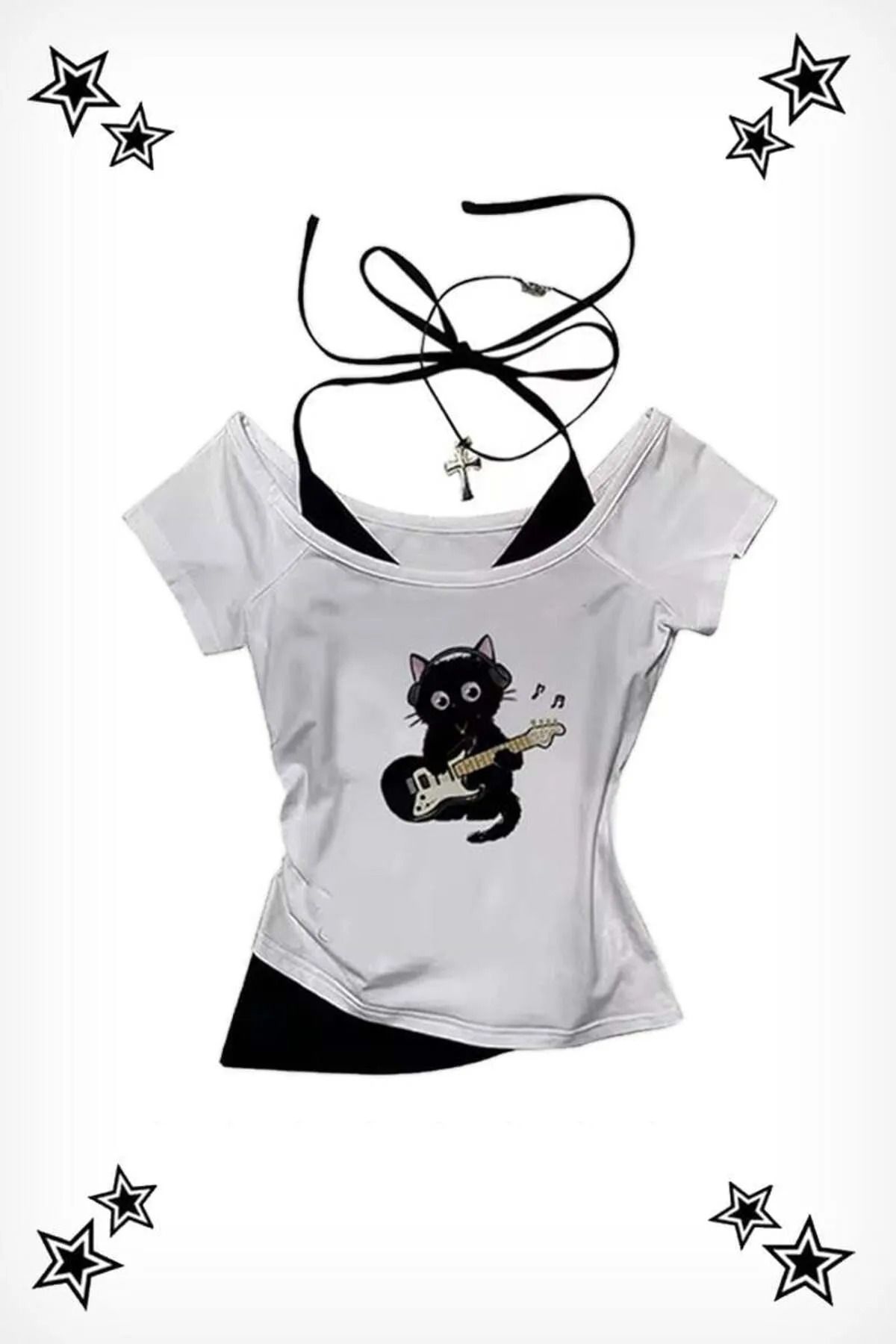 weywot Beyaz Guitar Cat Madonna Yaka Ek Askılı Kısa Kollu Crop