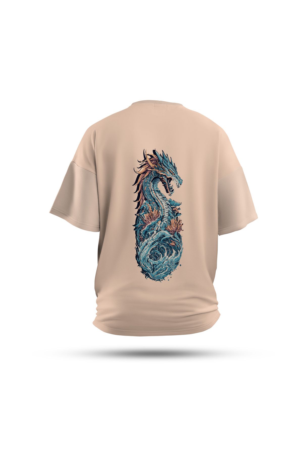 Zestia Unisex T-Shirt, Ejderha Sırt Baskılı, Regular, %100 Pamuk, Krem T-Shirt No: 0038
