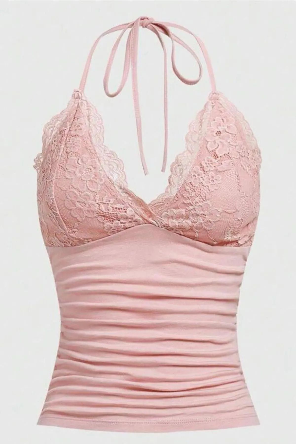 weywot PEMBE Dantelli V Yaka Gothic Boyun Bağlamalı Full Body Crop