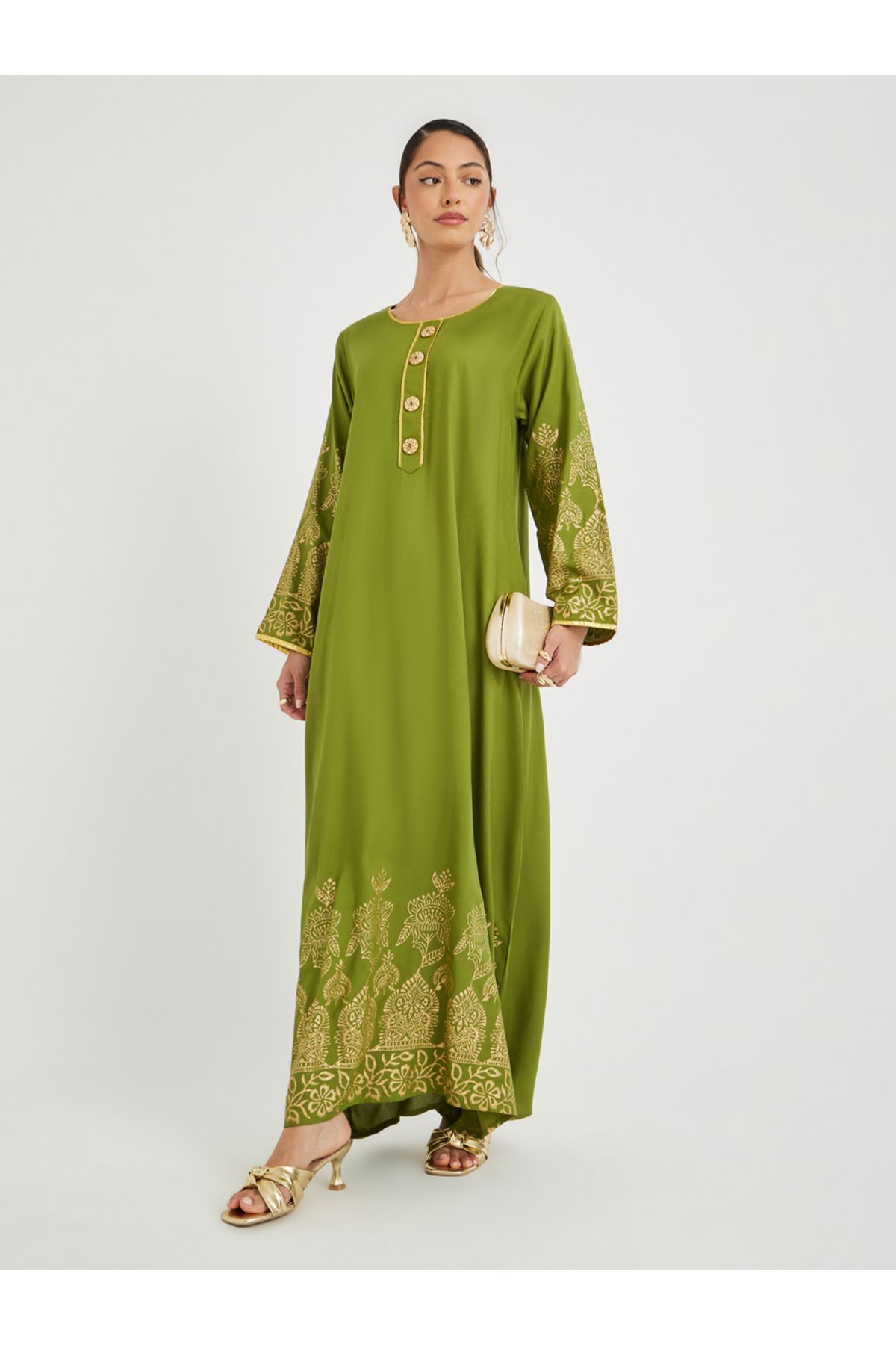 Maxim Creation By Styli-Foil Block Print Round Neck Jalabiya with Button Detail 1