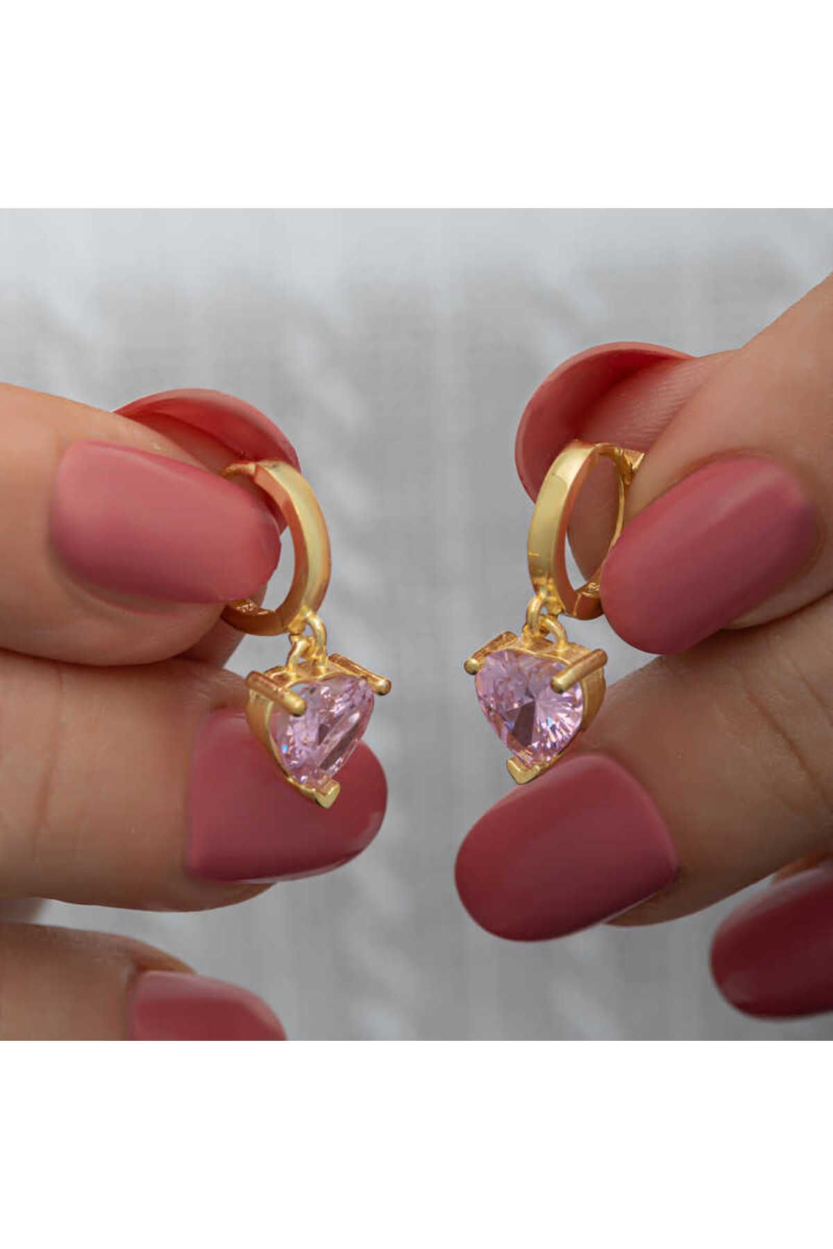 Huramarketing Gümüş Gold Pembe Taşlı Kalpli Kadın Küpe