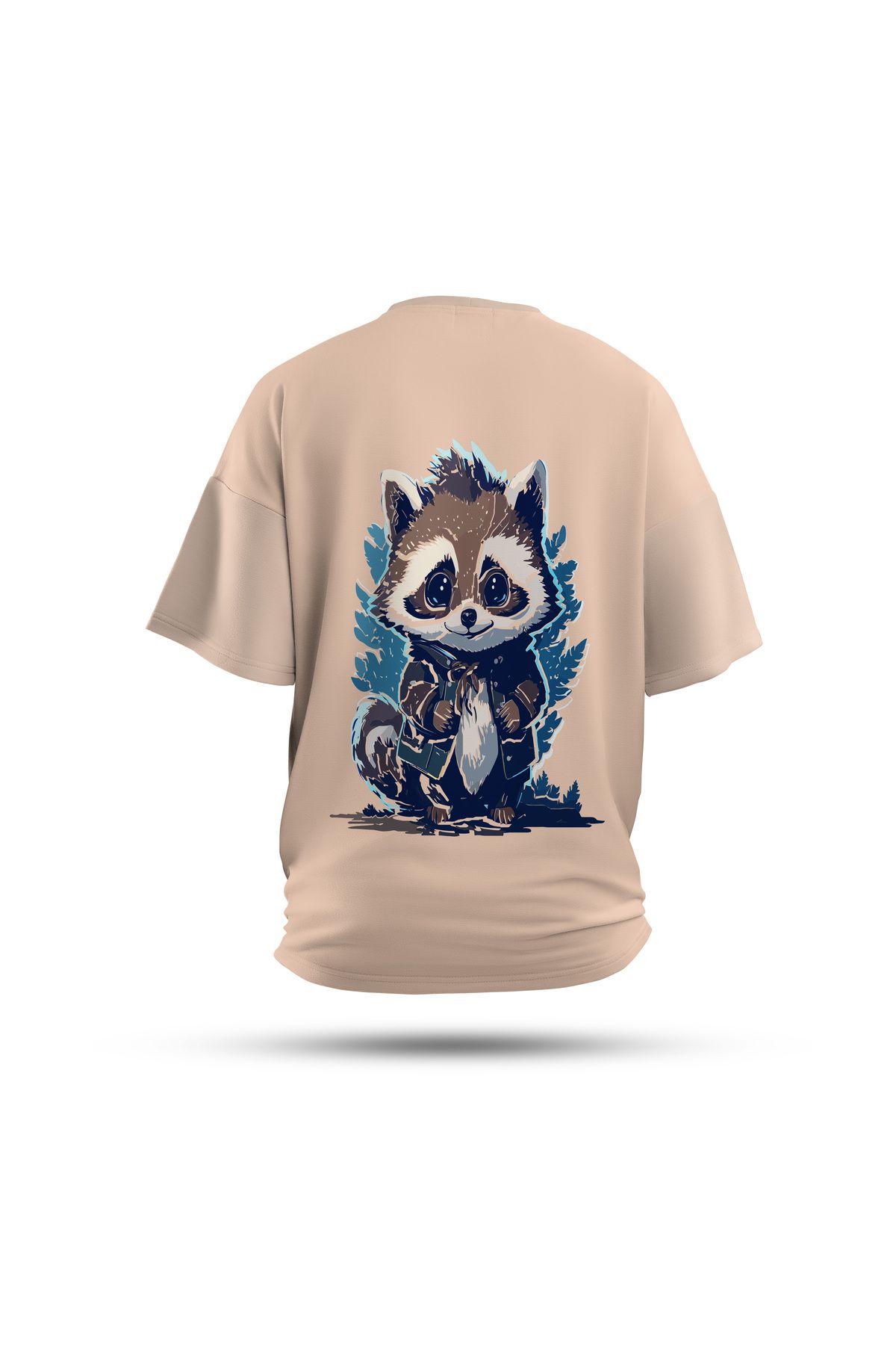 Zestia Unisex T-Shirt, Rakun Sırt Baskılı, Regular, %100 Pamuk, Krem T-Shirt No: 0030