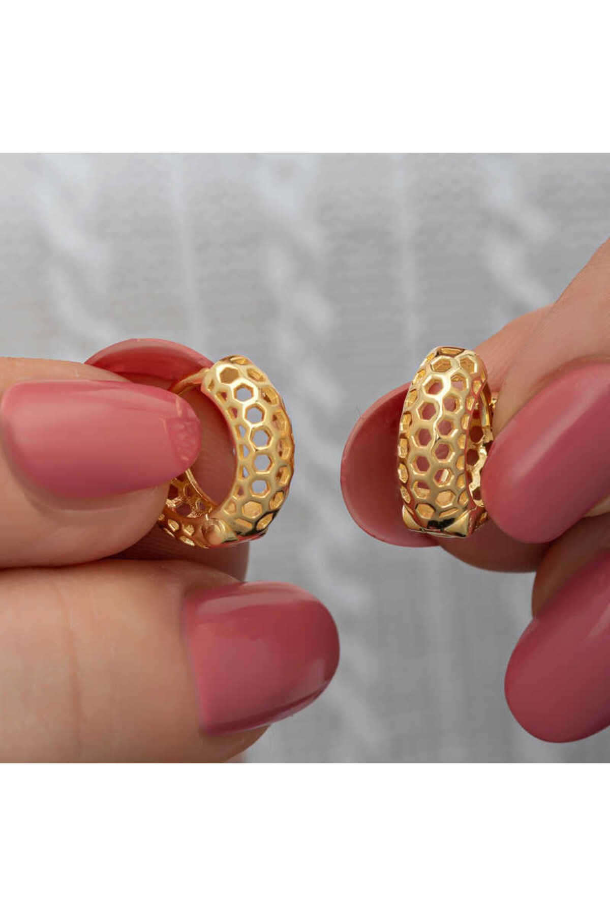 Huramarketing Gümüş Gold Petek Desenli Halka Kadın Küpe