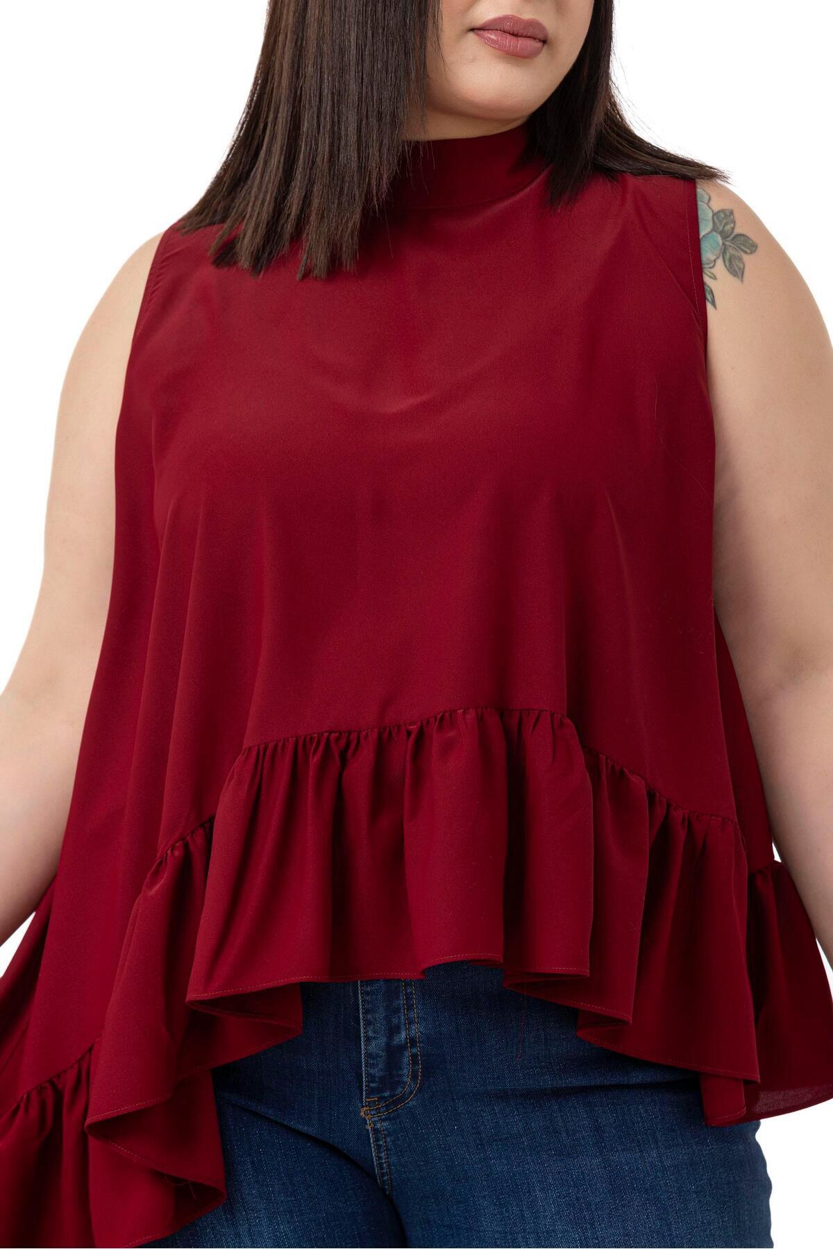 DISENTIS MODEST-Large Size Asymmetrical Cut Skirt Ruffled Half Standing Collar Burgundy Blouse 6