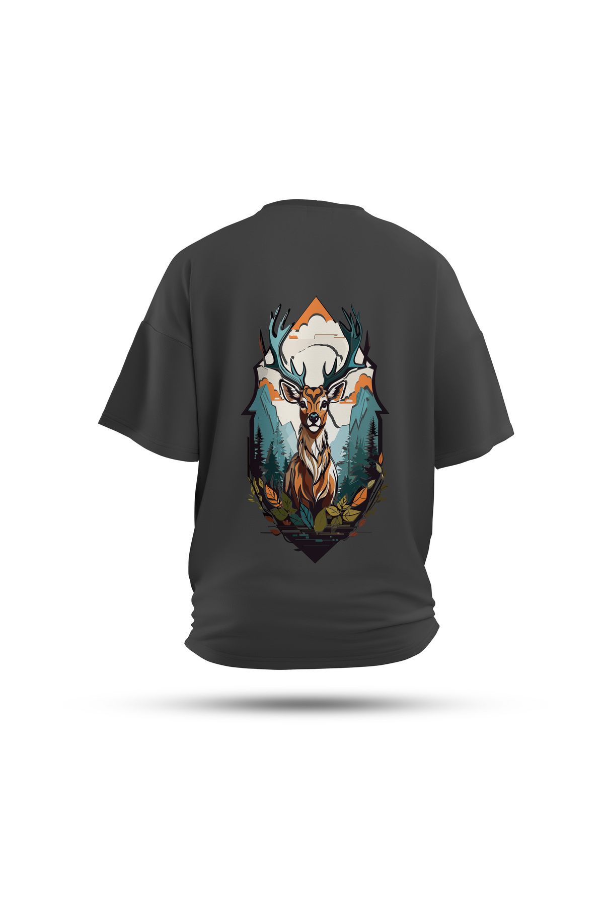 Zestia Unisex T-Shirt, Geyik Sırt Baskılı, Regular, %100 Pamuk, Antrasit T-Shirt No: 0025