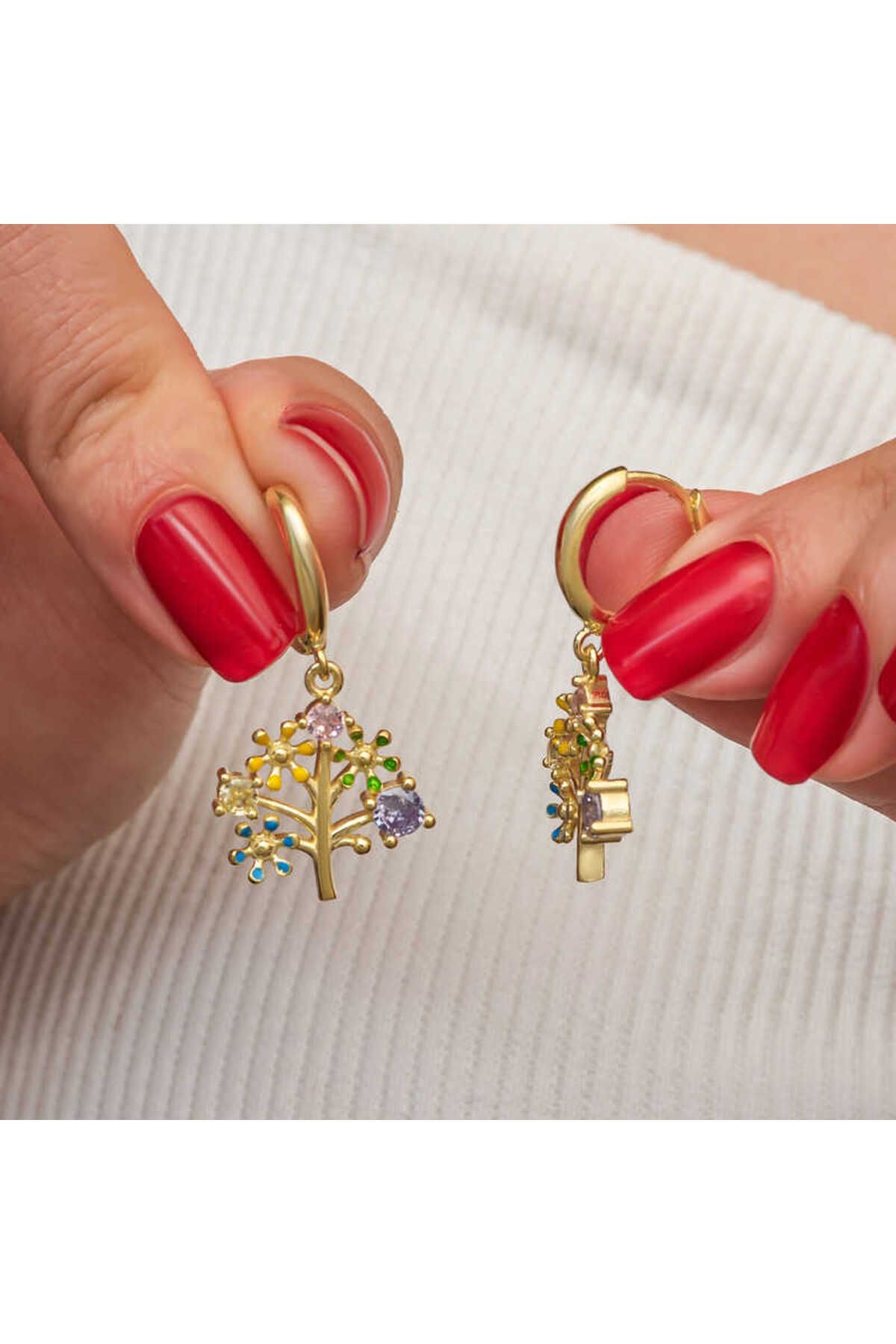 Huramarketing Gümüş Gold Renkli Taşlı Hayat Ağacı Kadın Küpe