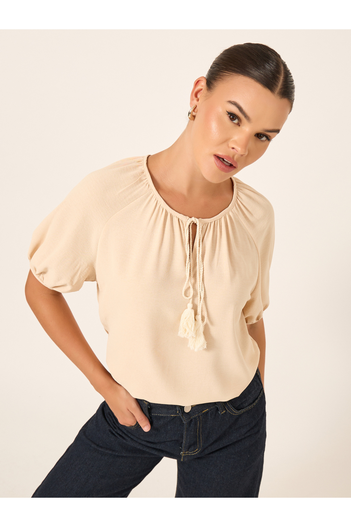 Styli-Puff Sleeve Tie-Up Neck Blouse 1