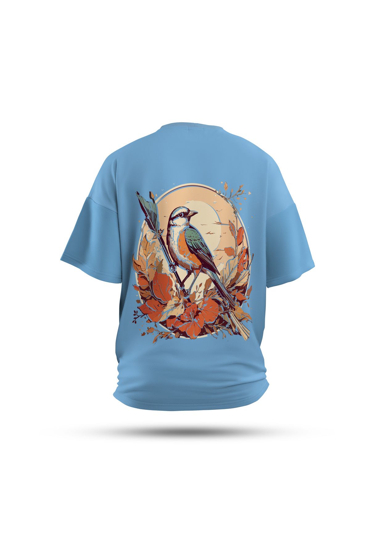 Zestia Unisex T-Shirt, Serçe Sırt Baskılı, Regular, %100 Pamuk, Mavi T-Shirt No: 0032