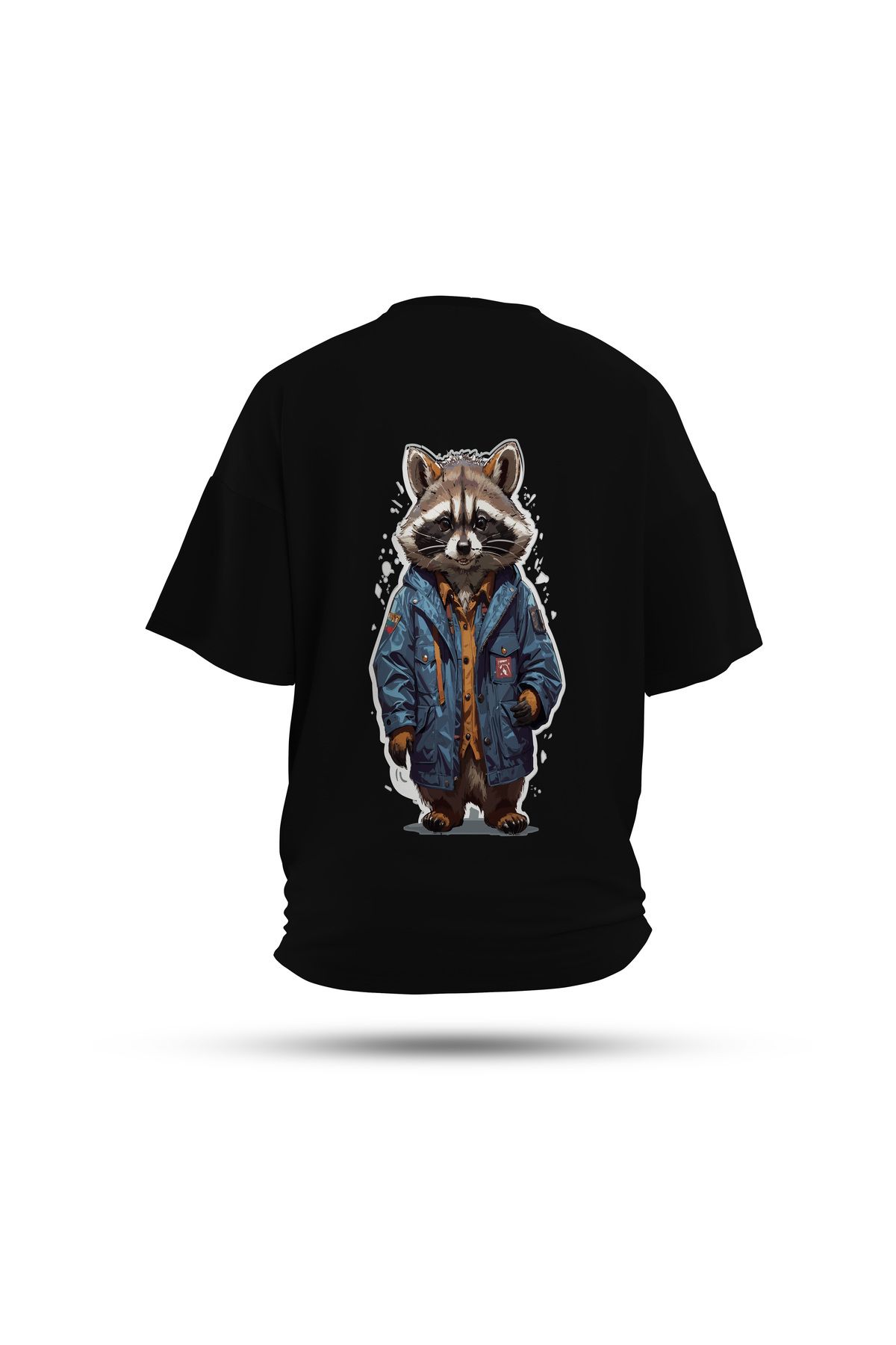 Zestia Unisex T-Shirt, Rakun Sırt Baskılı, Regular, %100 Pamuk, Siyah T-Shirt No: 0050