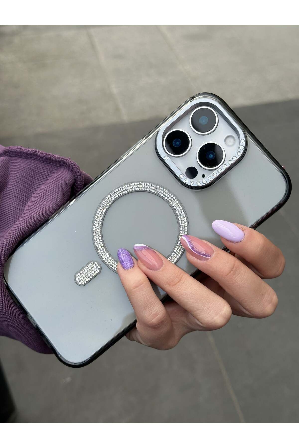 Paladyum Case iPhone 16 Pro Max Uyumlu Sararmaz Sert Mika MagSafe Pırlanta Taşlı Şeffaf Siyah Kılıf