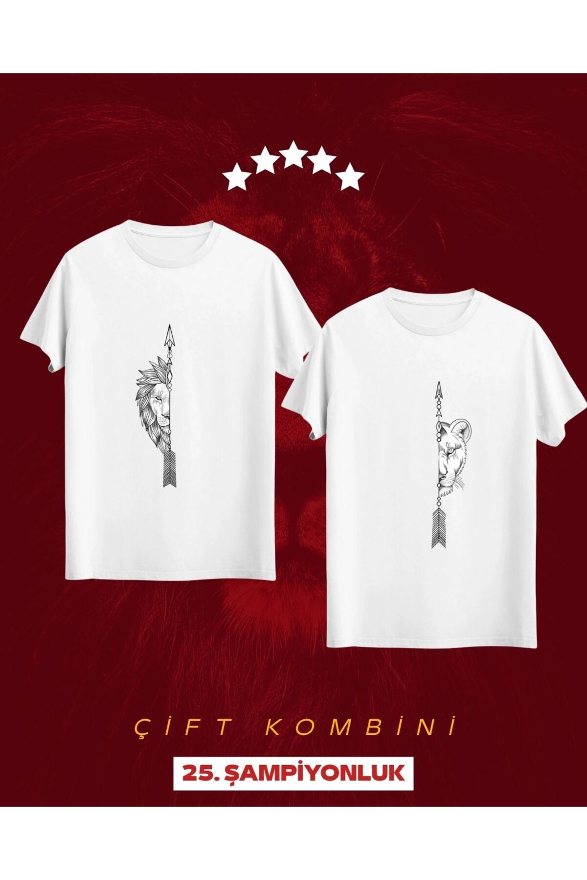 Qool Collection Qool 25. Şampiyonluk Özel Tasarım Aslan ve Dişi Aslan Çift Tişört Kombini – Unisex (2 Adet)