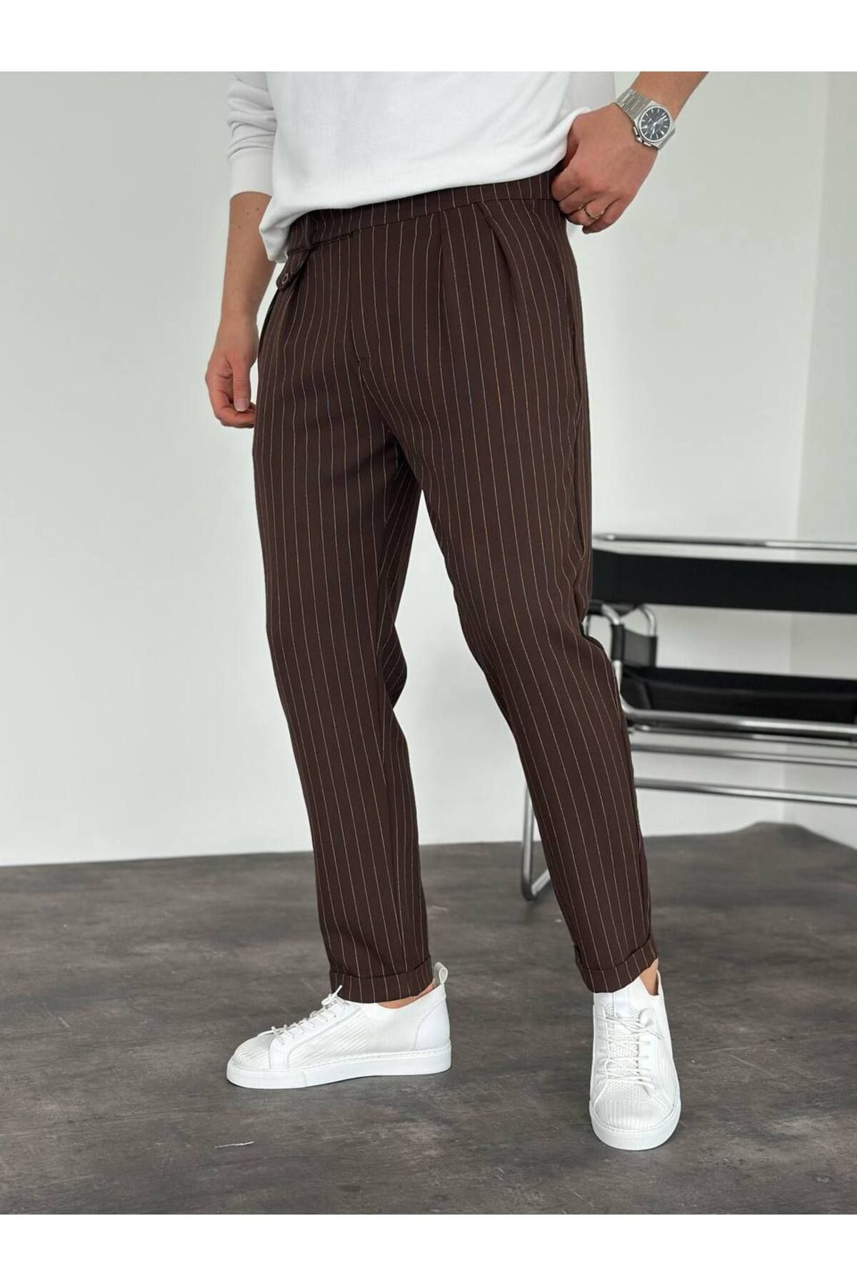 KHAYN ERKEK İTALYAN KESİM ÇİZGİLİ DUBLE PAÇA PİLELİ BEL DETAYLI KUMAŞ PANTALON K2044KP