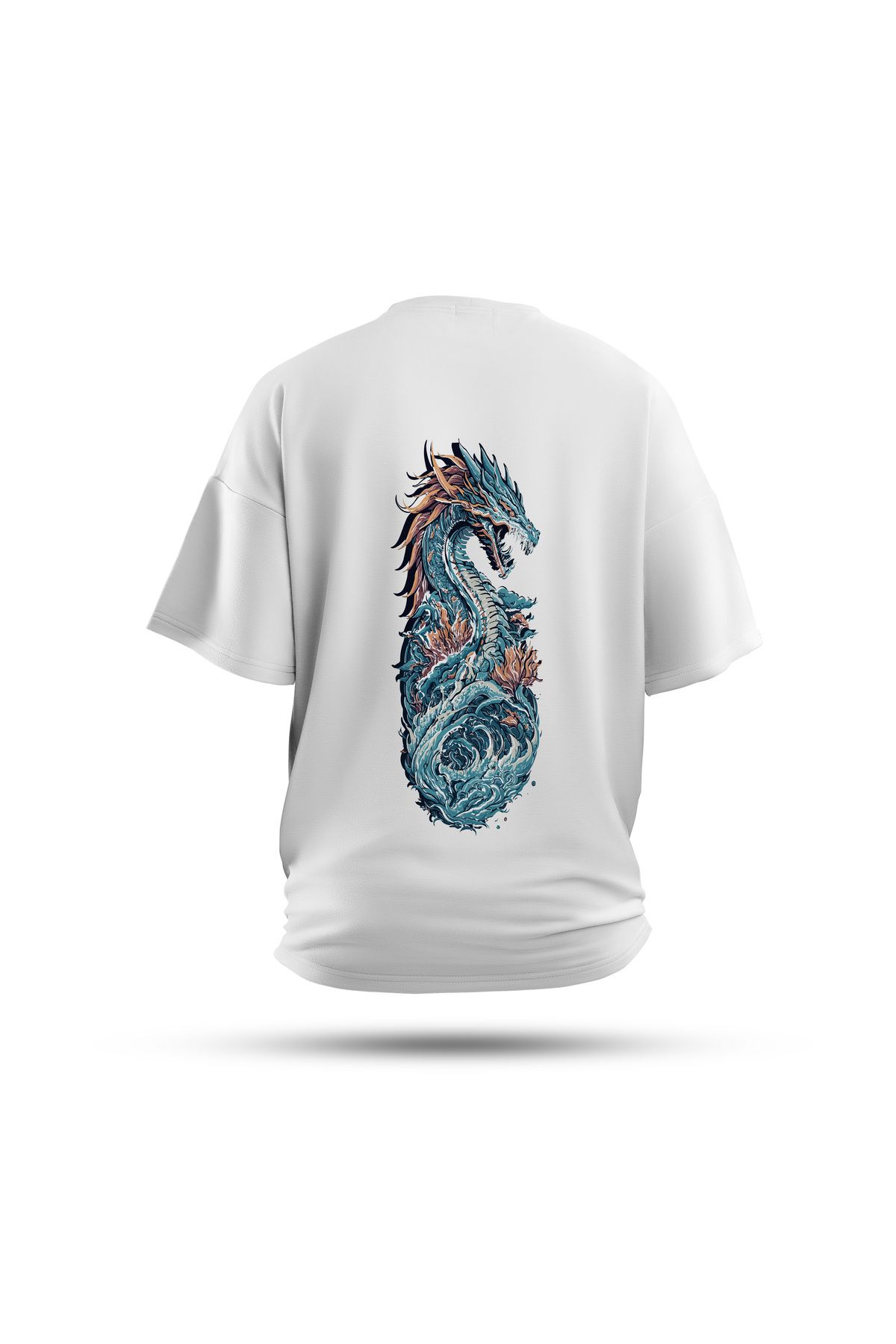 Zestia Unisex T-Shirt, Ejderha Sırt Baskılı, Regular, %100 Pamuk, Beyaz T-Shirt No: 0038