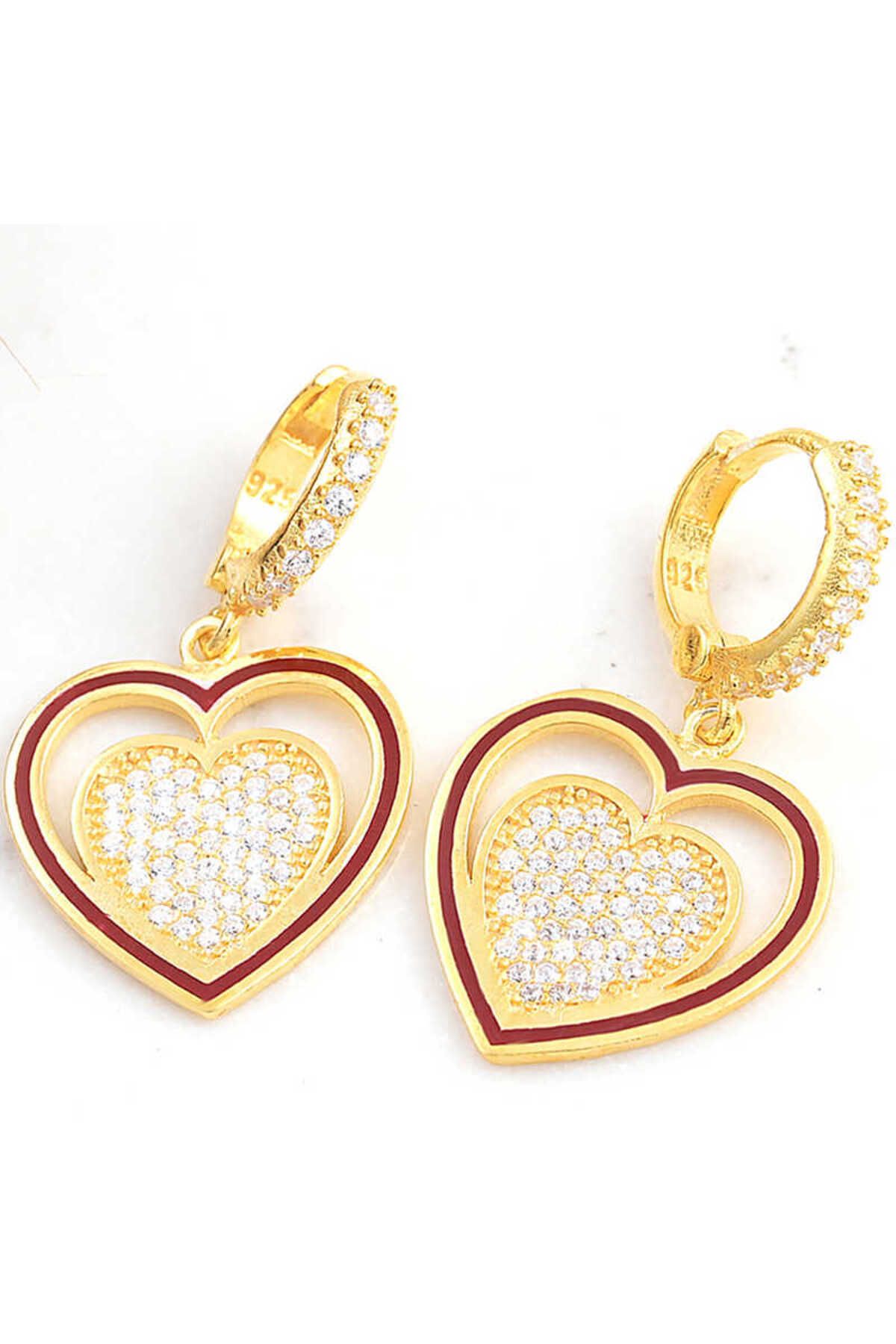 Huramarketing Gümüş Gold Sallantılı Kalp Kadın Küpe