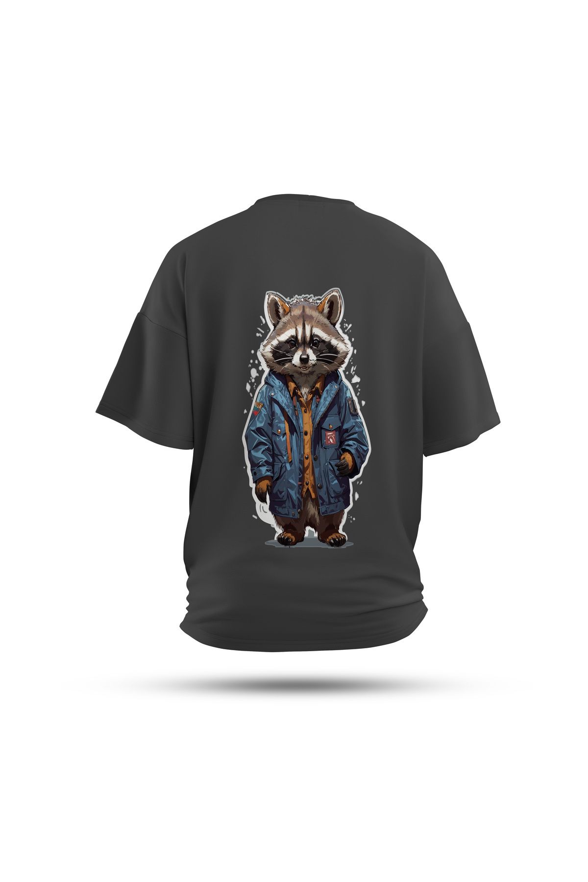 Zestia Unisex T-Shirt, Rakun Sırt Baskılı, Regular, %100 Pamuk, Antrasit T-Shirt No: 0050