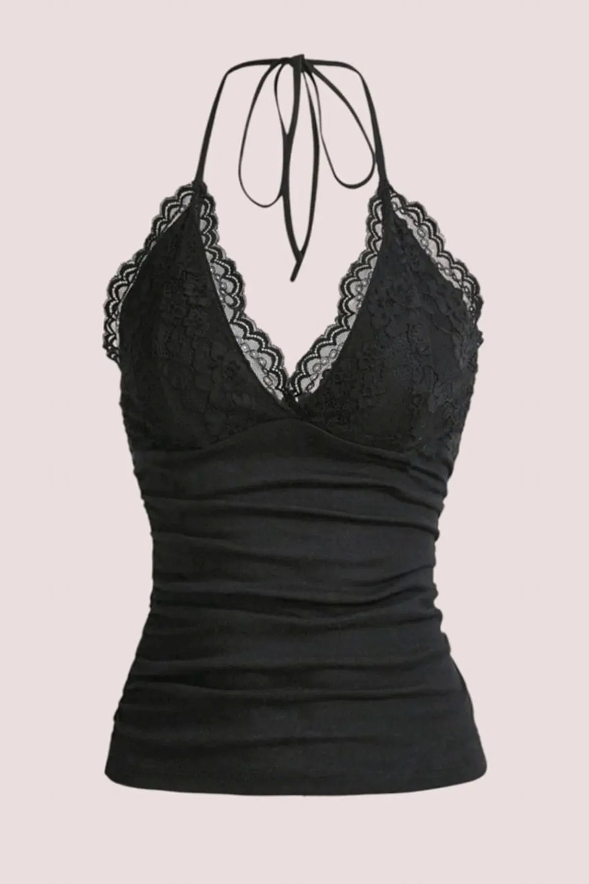 weywot Siyah Dantelli V Yaka Gothic Boyun Bağlamalı Full Body Crop